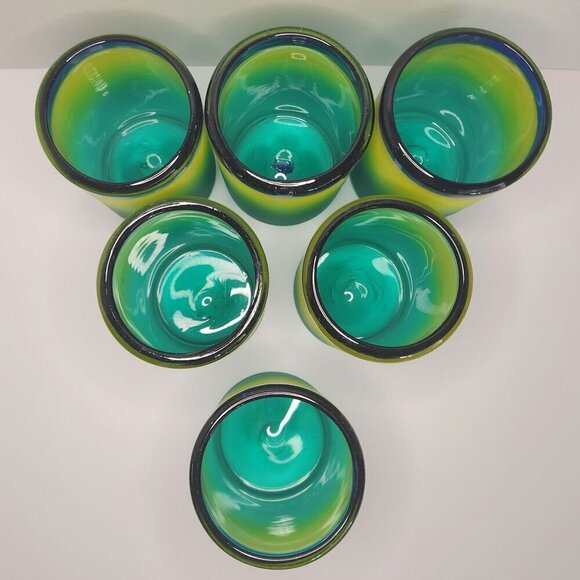 SET 6 HAND BLOWN MEXICAN GLASS TUMBLERS FROSTED YELLOW GREEN BLUE RIM - Picture 2 of 9